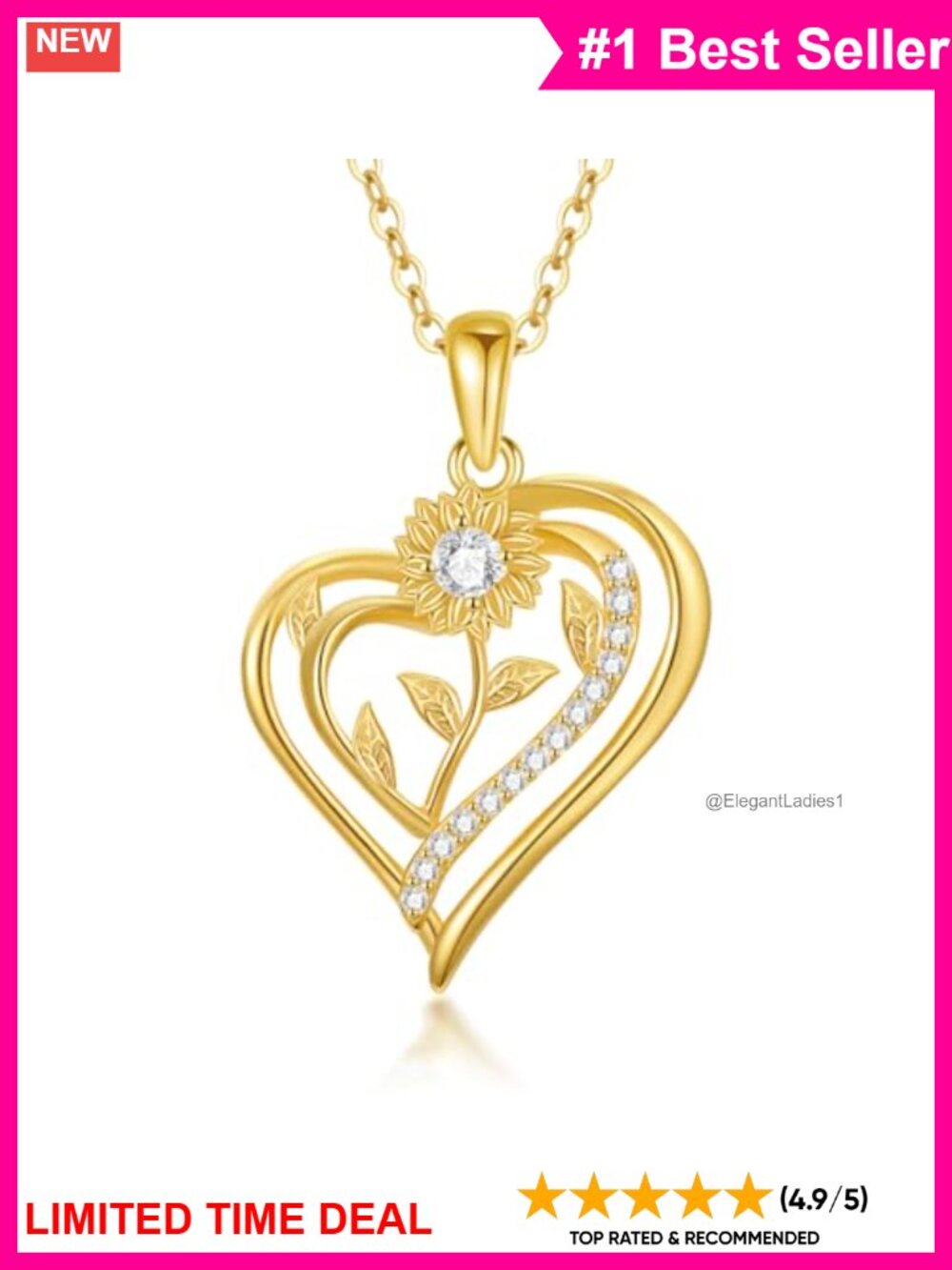 14K Solid Gold Sunflower Heart Pendant Necklace 16+2" Extender